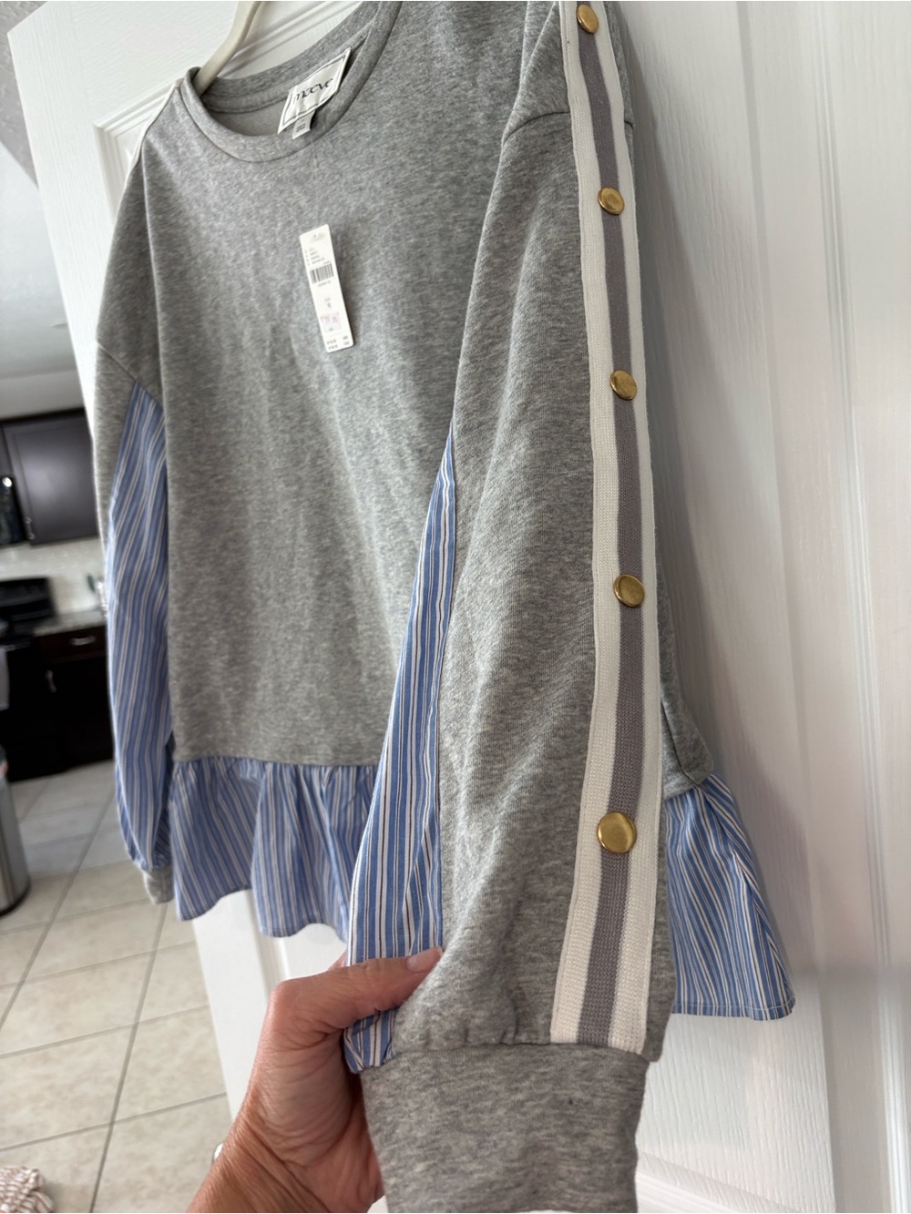 Maeve Grey Pullover with Blue Stripe Ruffle Hem - Picture 3 of 5